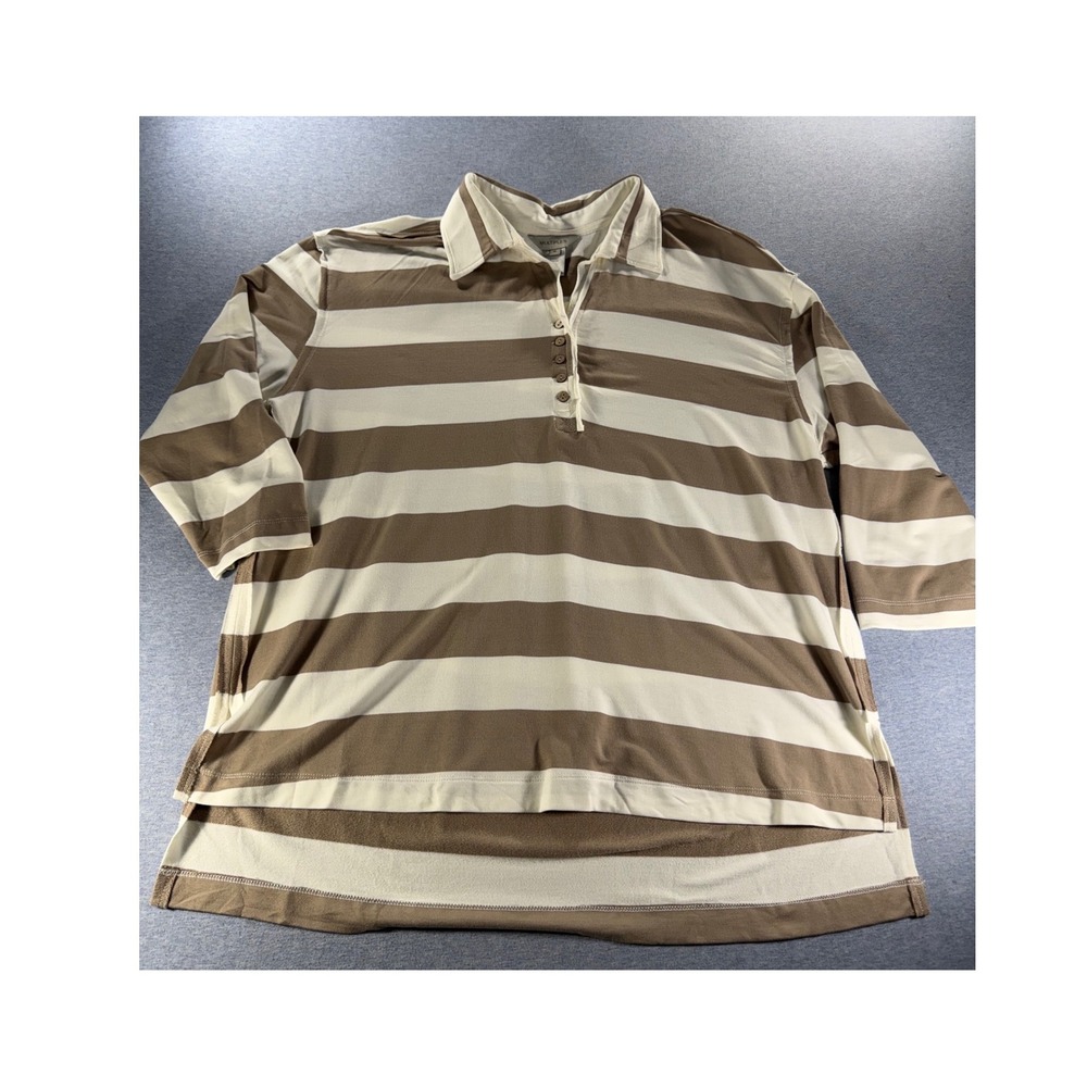 Multiples Women XL Tan Cream Striped Polo 3/4 Sleeve High Low Hem Top